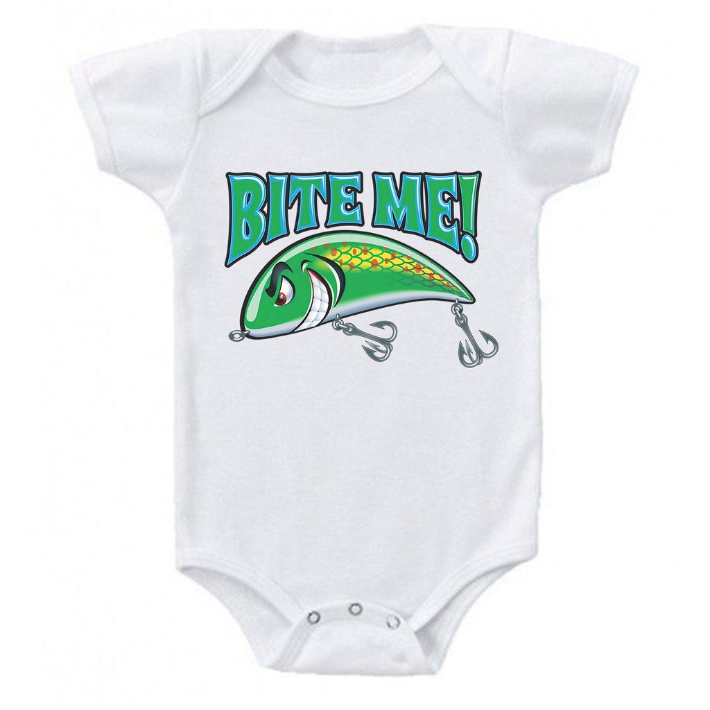 Ink Trendz Bite Me Angry Crank Bait Lure Fishing Themed One-Piece Bodysuit, fishing onesie, fishermen onesie, fisherman onesie, fishing baby, fishing baby apparel, Fishing Baby onesie, fishing onesie