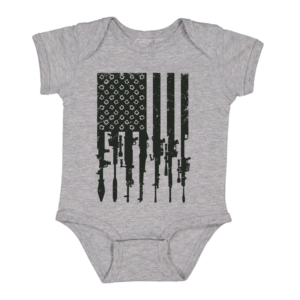 Ink Trendz® Distressed American Flag RPG Guns Freedom Baby One-piece Bodysuit