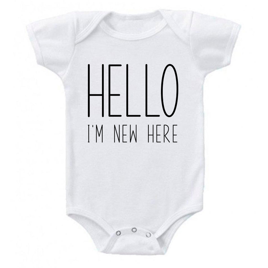 Ink Trendz® HELLO I'M NEW HERE Baby Reveal Announcement Baby Romper Bodysuit, baby announcement onesie, I'm New Here Onesie