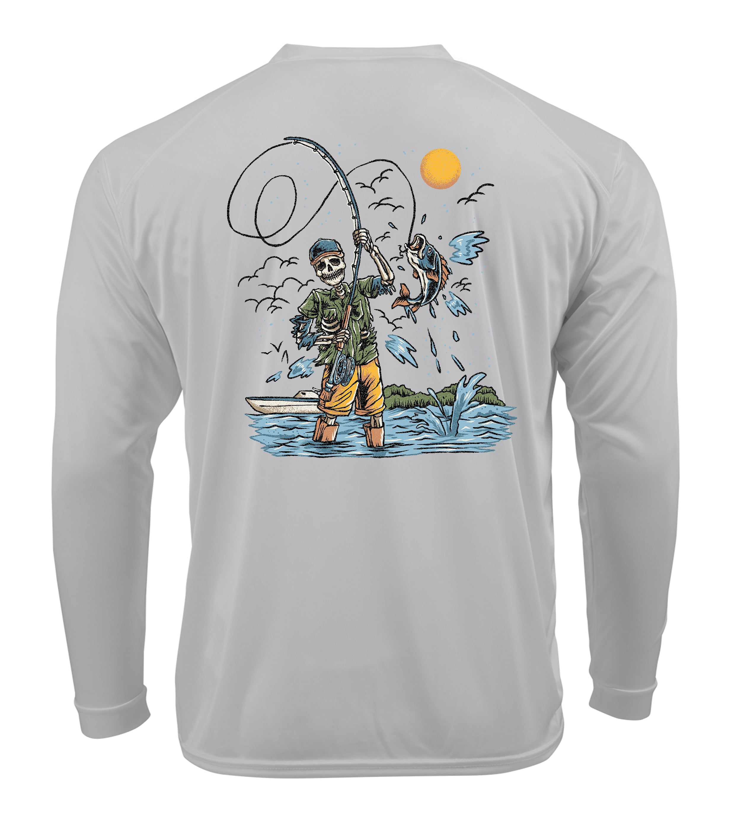 Ink Trendz Fly Fishing Skeleton Fishing Outdoorsman Performance UPF50+ Sports T-Shirt Grey / X-Large