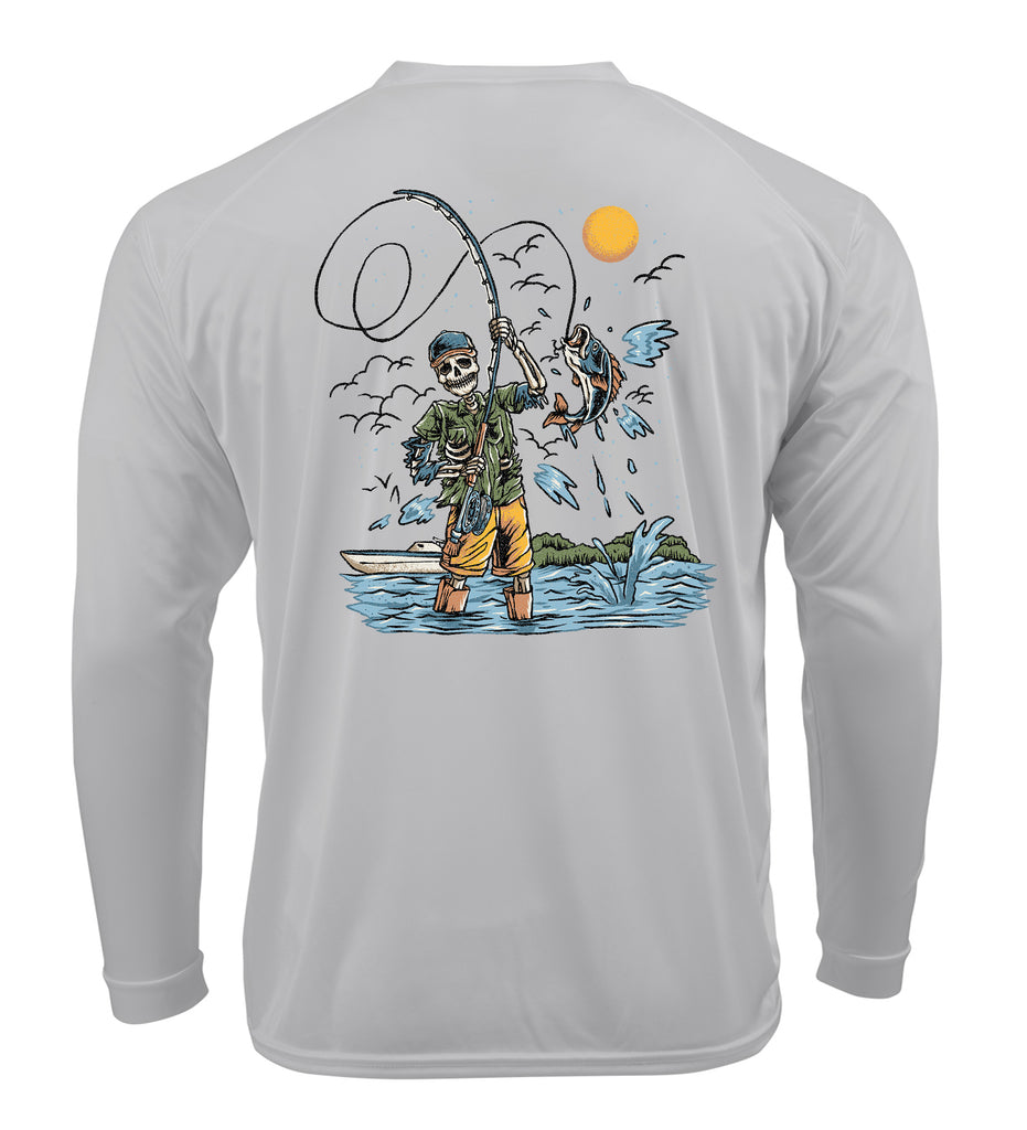 Ink Trendz Fly Fishing Skeleton Fishing Outdoorsman Performance UPF50+ Sports T-Shirt, Fly Fishing t-shirt, Fishing t-shirt, Fishing Shirt, Fathers Day Gift