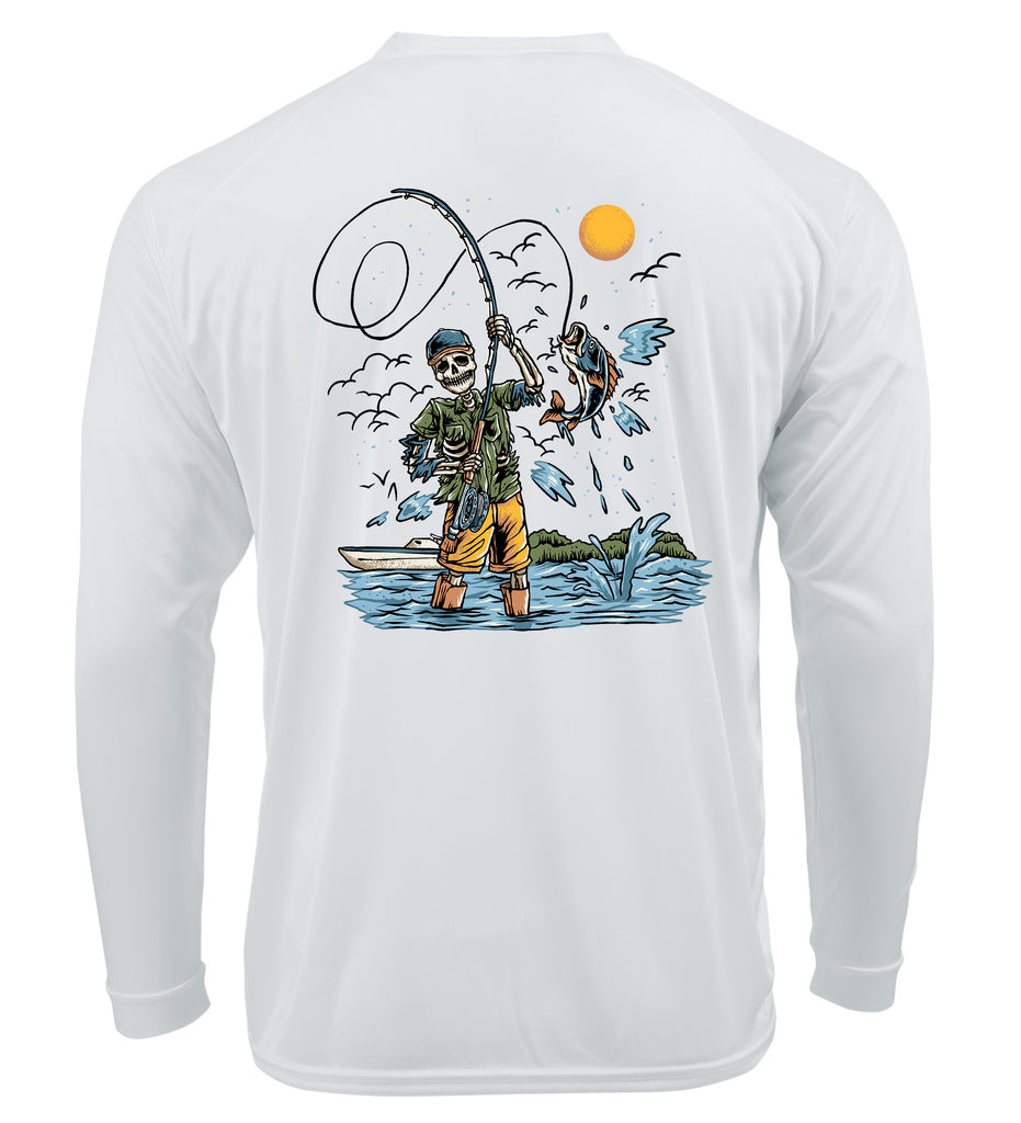 Ink Trendz Fly Fishing Skeleton Fishing Outdoorsman Performance UPF50+ Sports T-Shirt, Fly Fishing t-shirt, Fishing t-shirt, Fishing Shirt, Fathers Day Gift