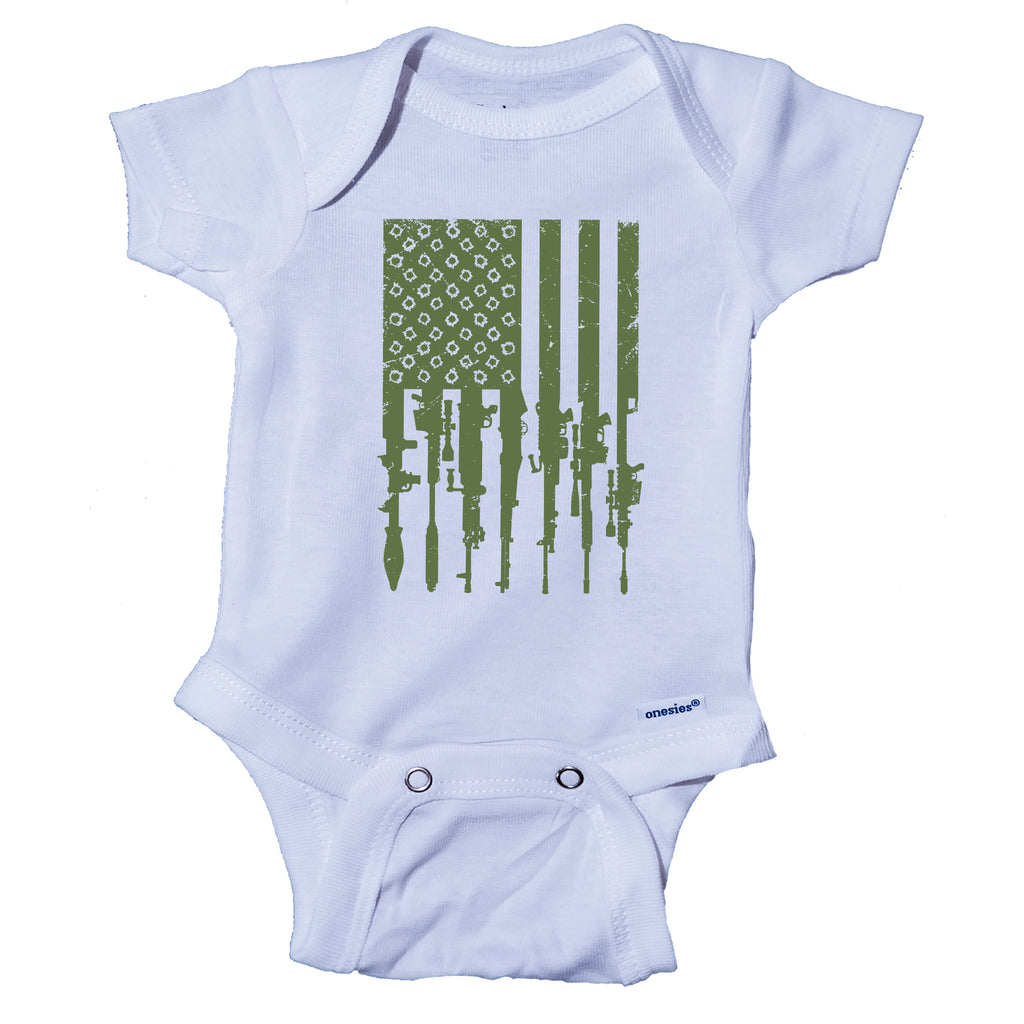 Ink Trendz® Distressed American Flag RPG Guns Freedom Onesie® Military Baby Boy Onesie, Military Onesies, Military Onesie, military Green Onesie