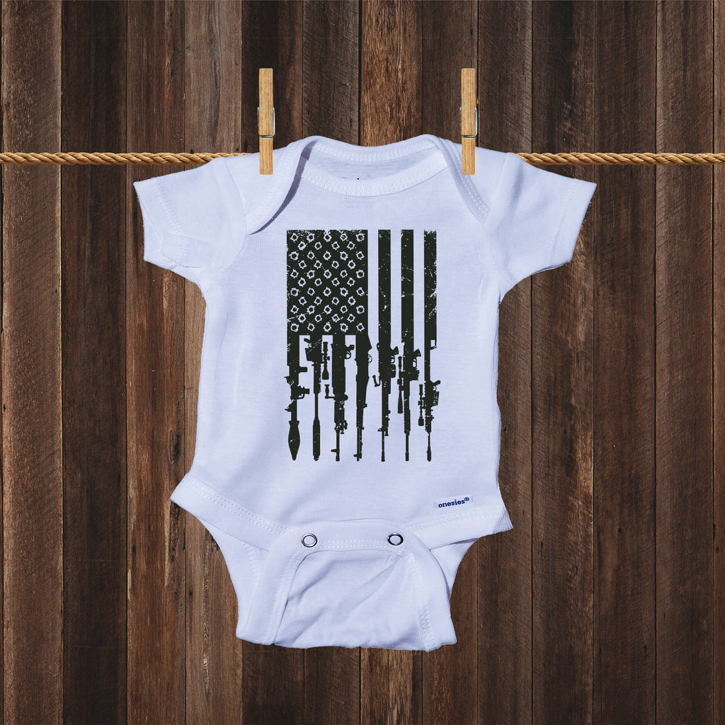 Ink Trendz® Distressed American Flag RPG Guns Freedom Onesie® Military Baby Boy Onesie, Military Onesies, Military Onesie