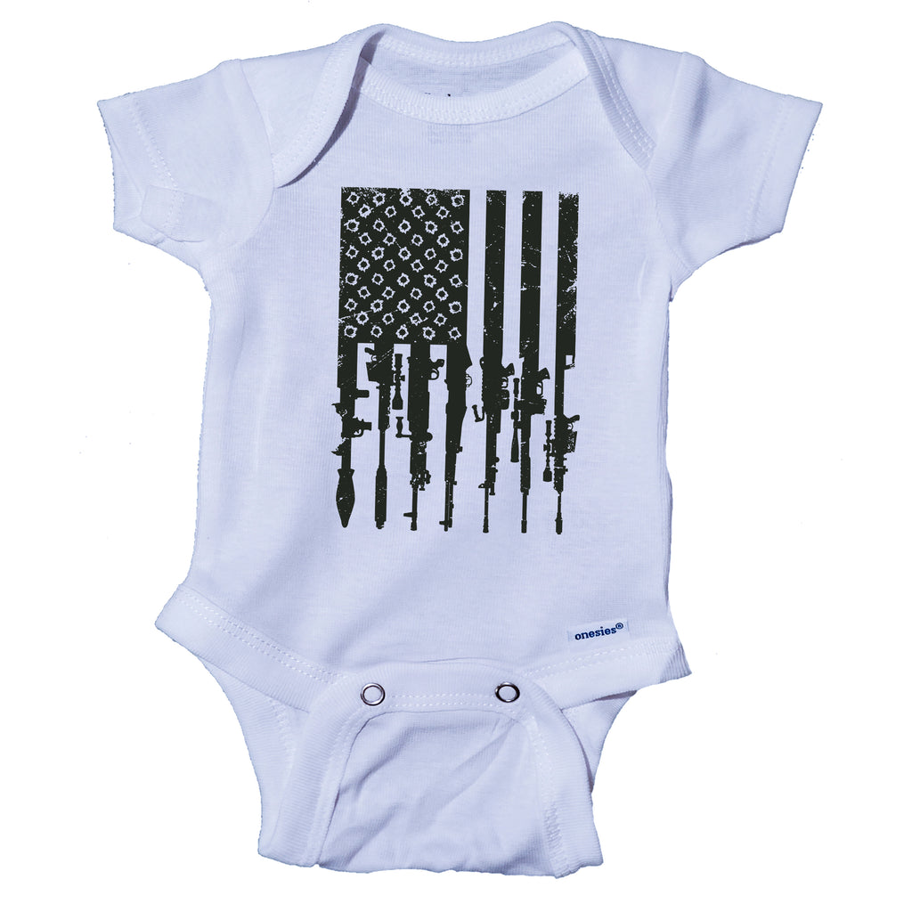 Ink Trendz® Distressed American Flag RPG Guns Freedom Onesie® Military Baby Boy Onesie, Military Onesies, Military Onesie
