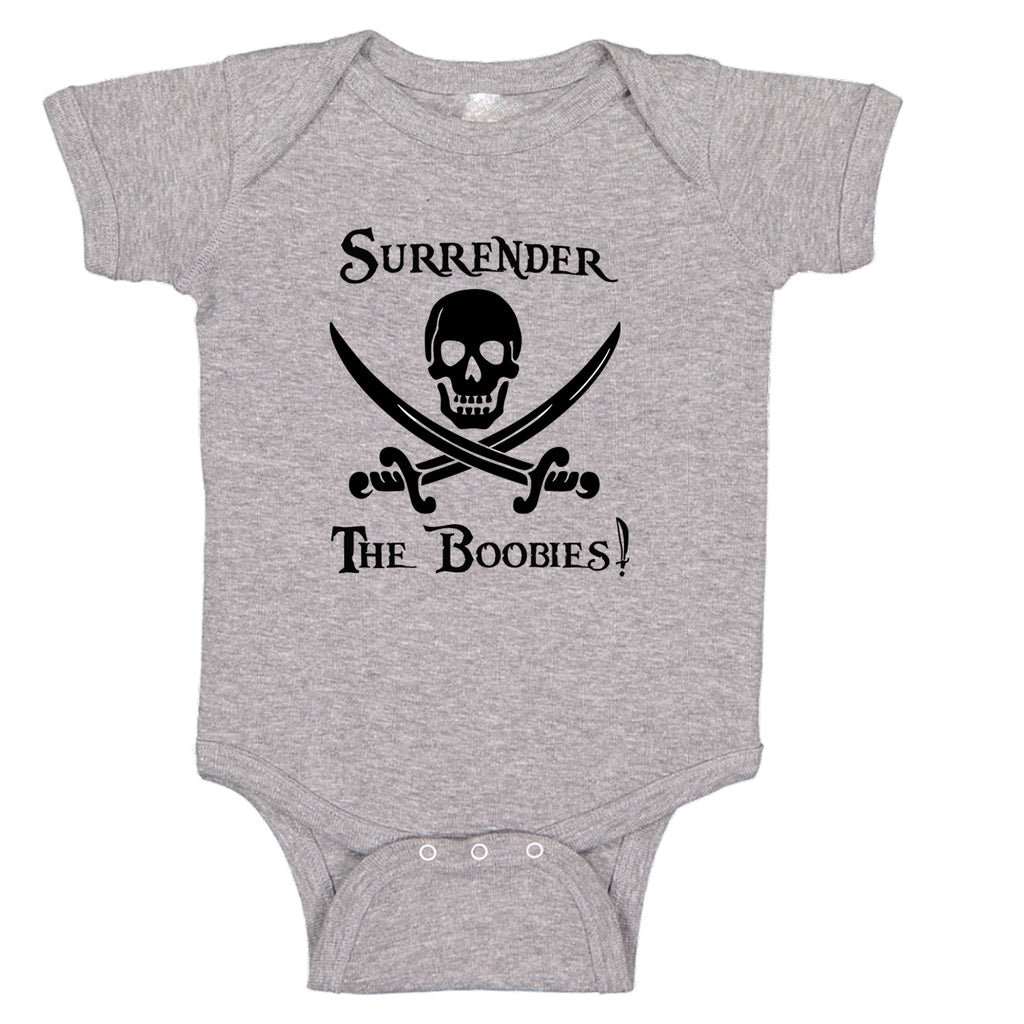 Ink Trendz Surrender The Boobies Pirate Jolly Roger Crossed Swords Baby Bodysuit, Cute Pirate Onesie, Pirate Onesie, Jolly Roger Onesie