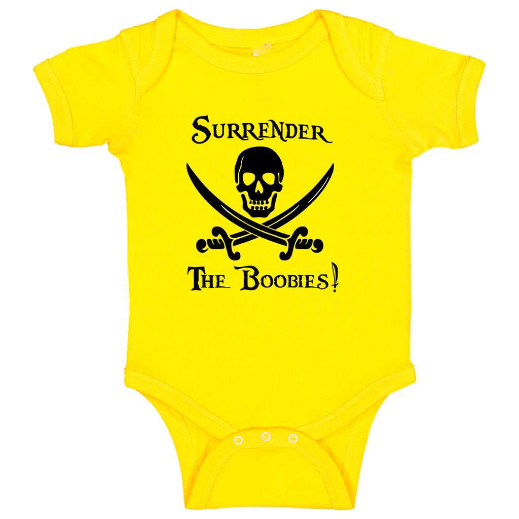 Ink Trendz Surrender The Boobies Pirate Jolly Roger Crossed Swords Baby Bodysuit, Cute Pirate Onesie, Pirate Onesie, Jolly Roger Onesie, Baby Boy Pirate Onesie
