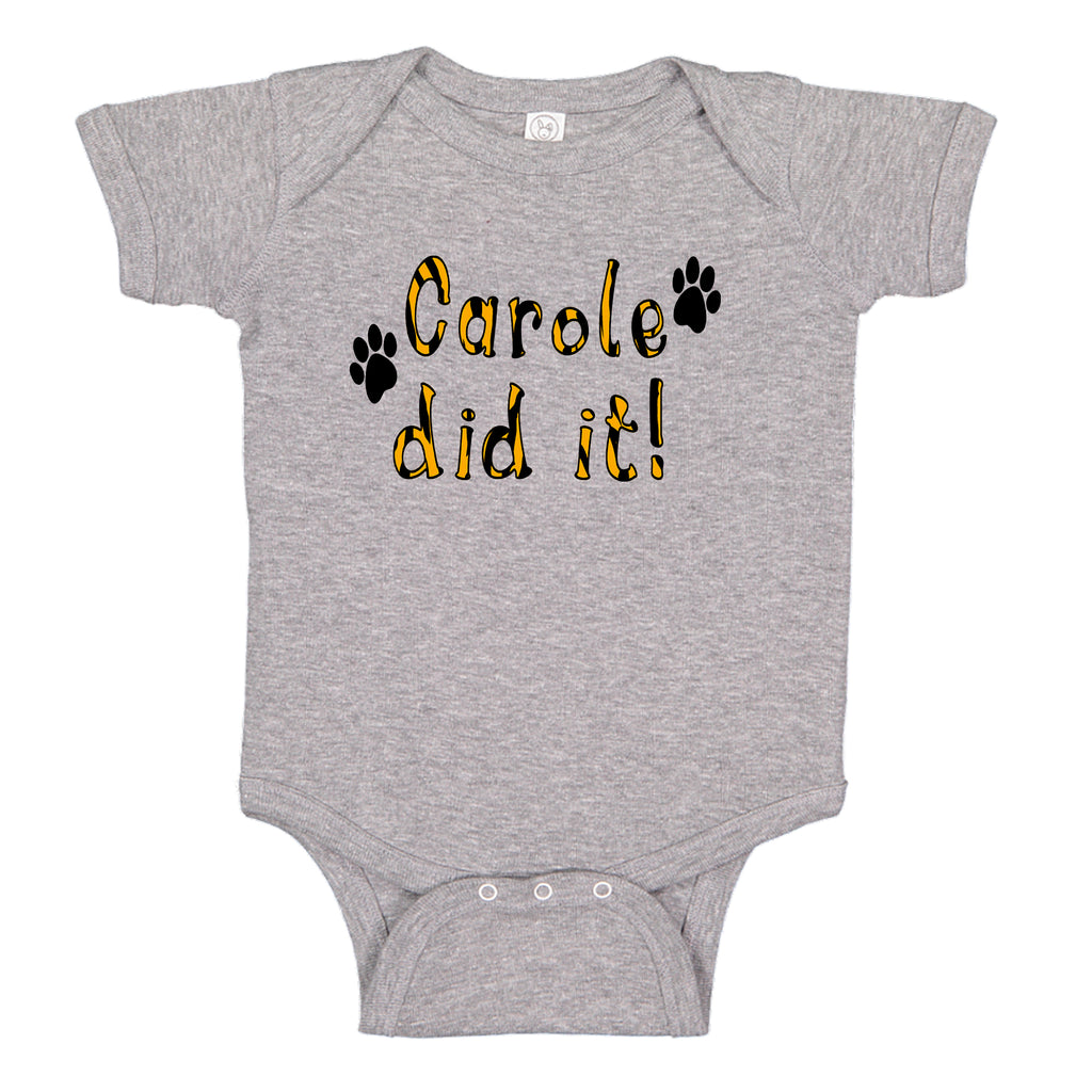 Ink Trendz® Carole Did It! Animal Print Tiger King Themed Baby Bodysuit In Heather Grey Animal Print Onesies, Free Joe Onesie, Joe Exotic Onesie, Joe Exotic Onesies, Tiger King Onesie