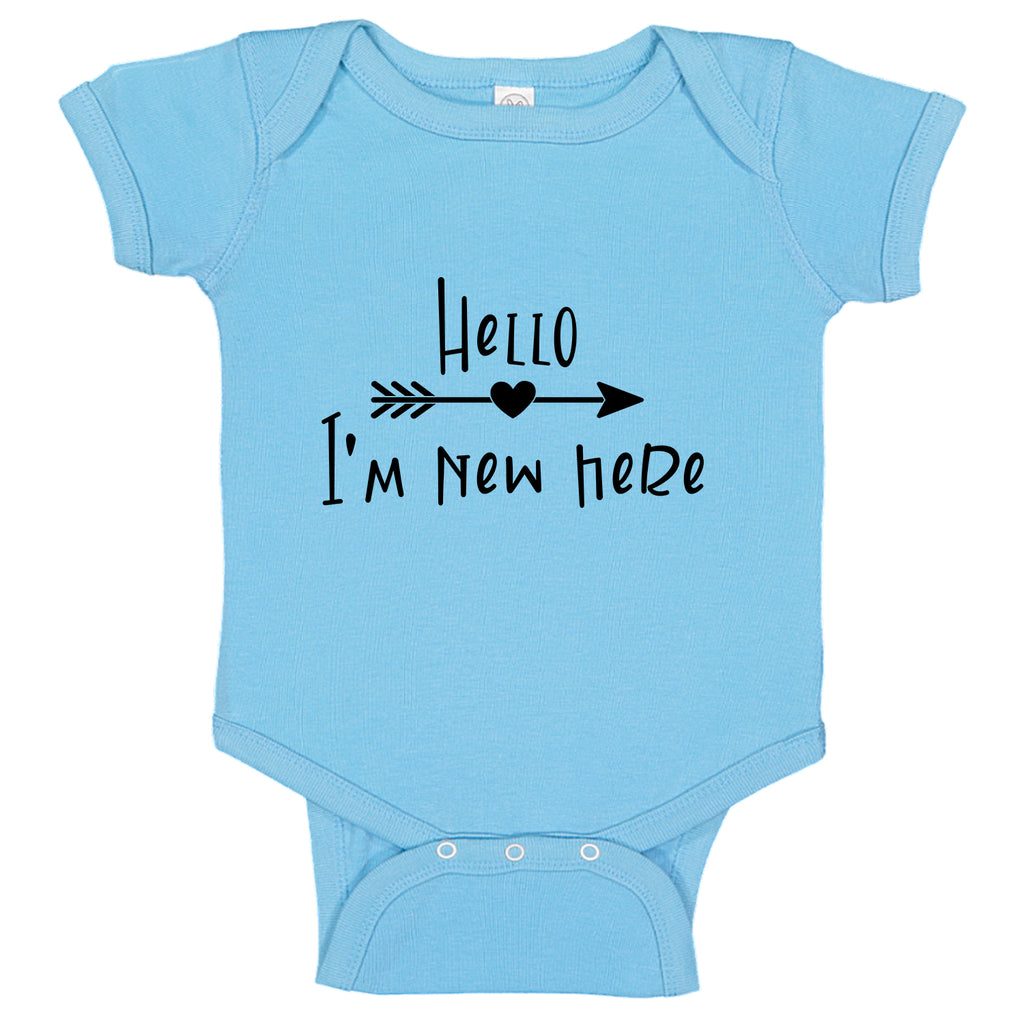 Ink Trendz® Hello I'm New Here Cute Announcement Baby Romper Bodysuit in baby blue Onesie