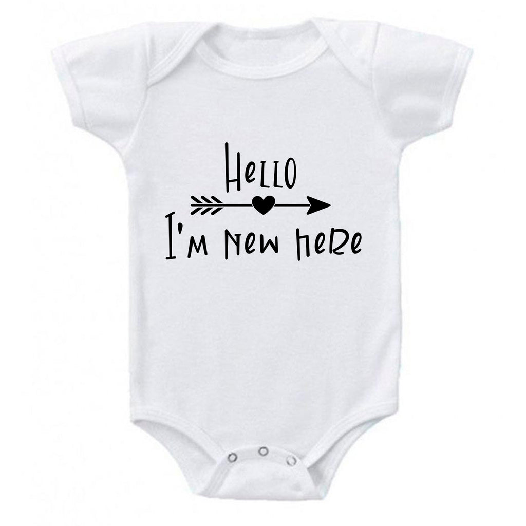 Ink Trendz® Hello I'm New Here Cute Announcement Baby Romper Bodysuit in White  Onesie