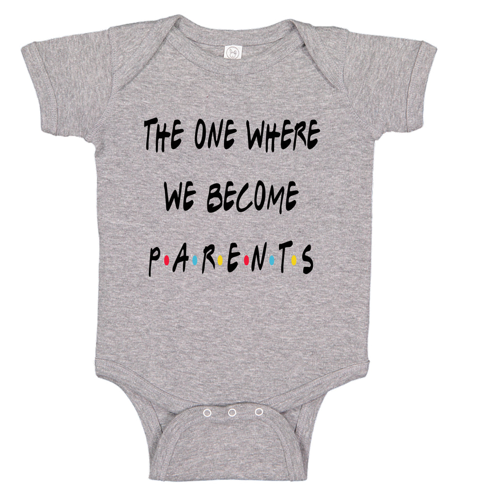 Ink Trendz® The One Where We Become Parents Announcement Friends Themed Baby Bodysuit in heather grey