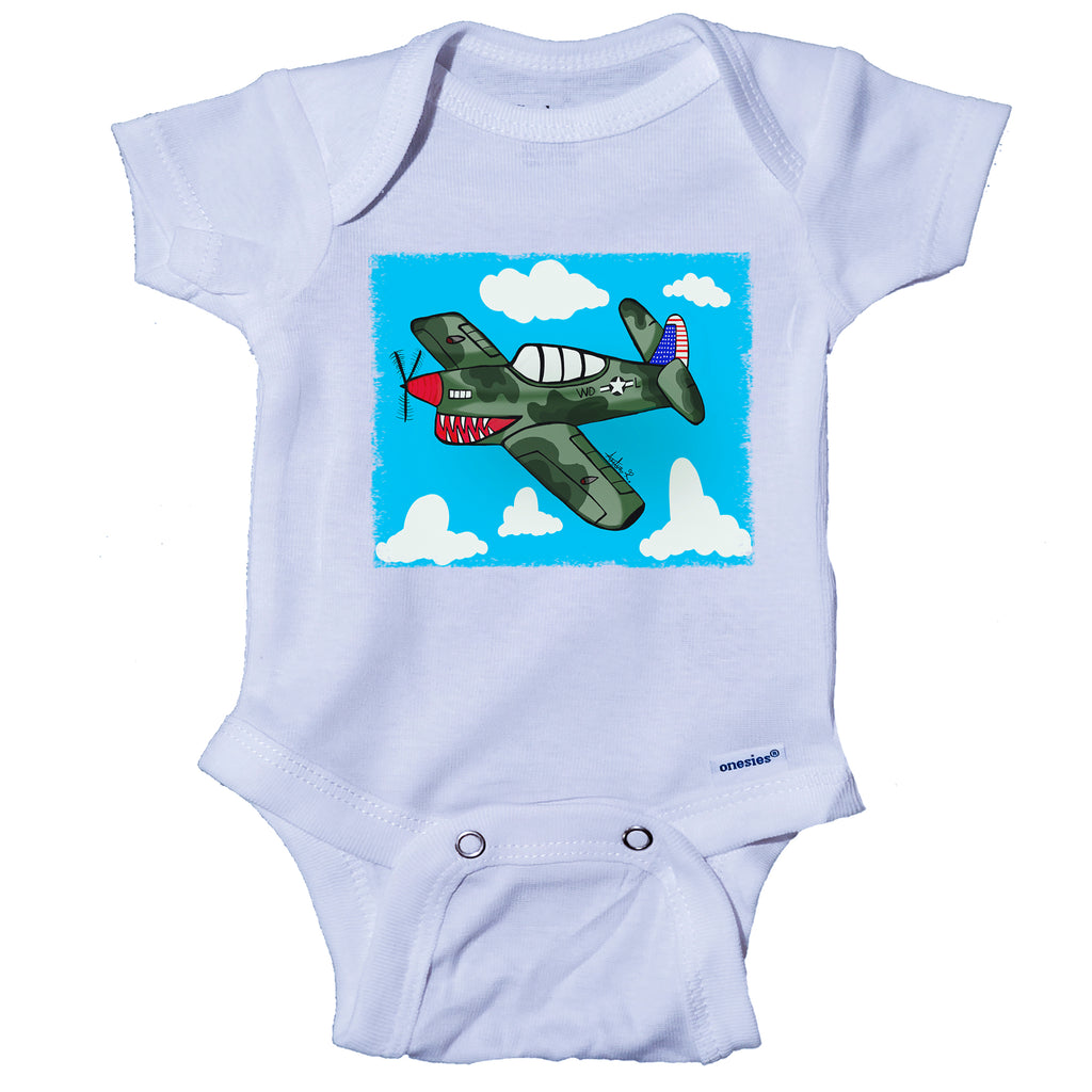 Ink Trendz® P-51 Mustang Cartoon Airplane Cute Baby Onesie® FUNNY MILITARY THEMED ONESIE, Navy Onesie, Army Onesie, WWII Onesie, Pearl Harbor Onesie