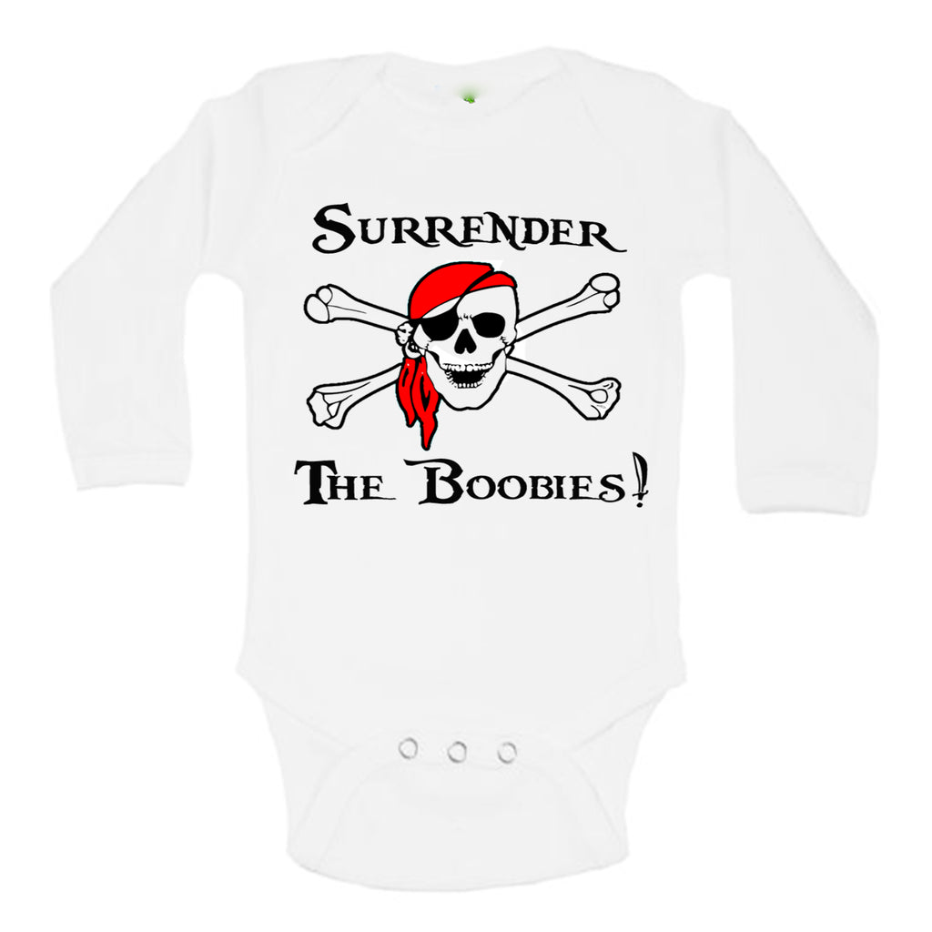 Surrender The Boobies Pirate Jolly Roger Red Bandana Baby Bodysuit