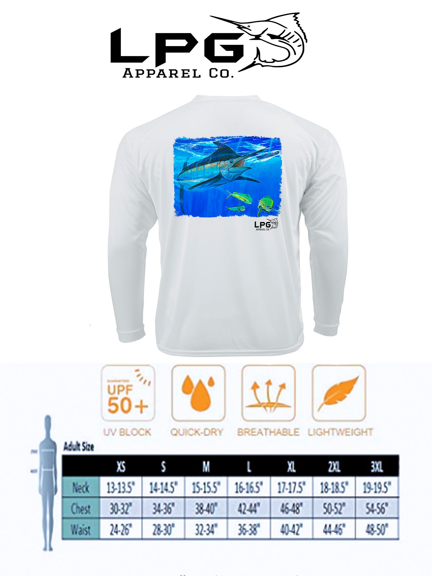 LPG Apparel Co. Bill Buster Mark Ray Marlin Fishing Shirt for unisex UPF 50 Dri-FIT Performance Rashguard T-Shirt White / Small