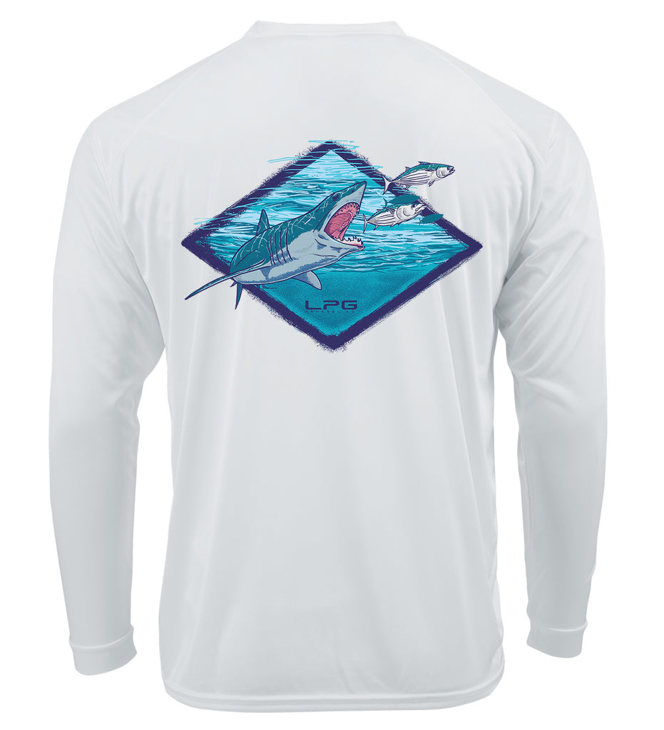 LPG Apparel Co. Mark Ray Bill Buster Long Sleeve Performance Surfing UPF50 Rashguard T-Shirt , Shark Fishing T-Shirt, Fishing T-Shirt, Fishing Apparel, Mako Shark Tee