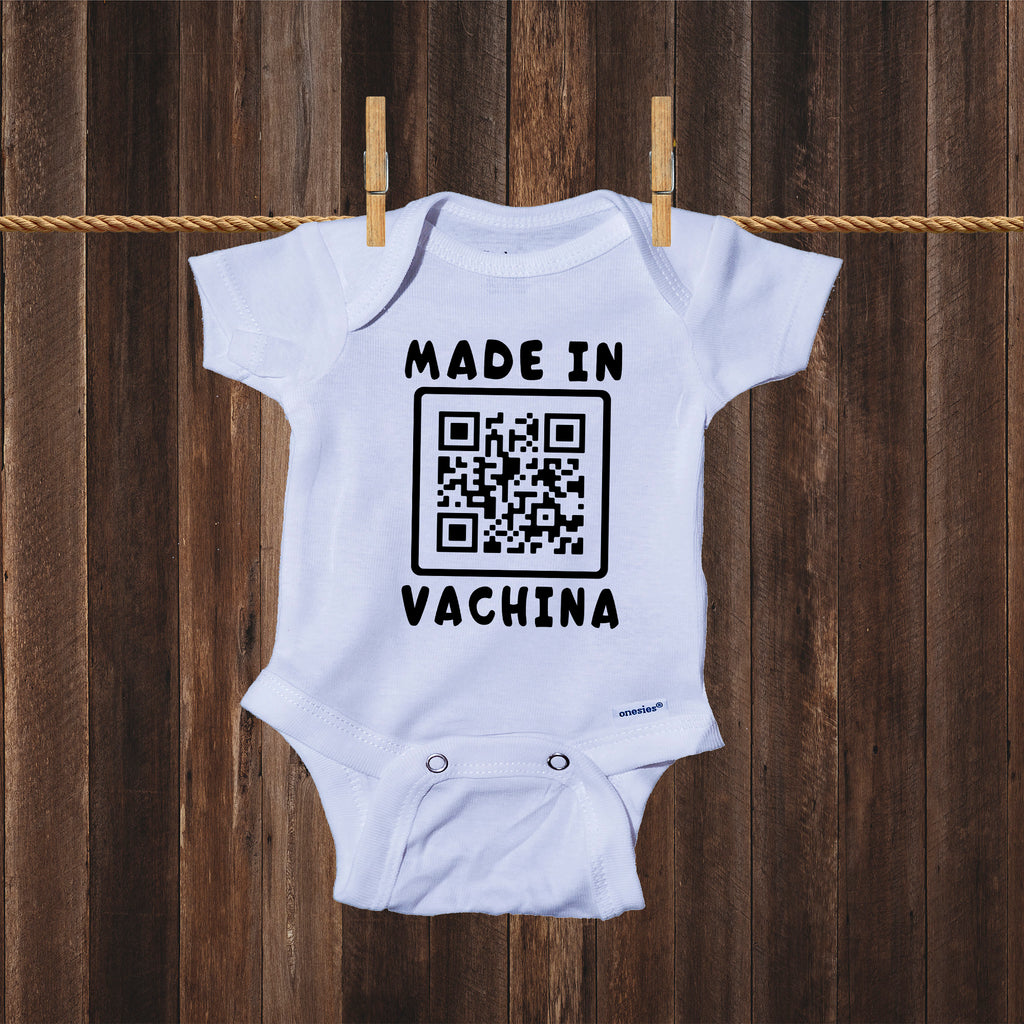 Ink Trendz MADE IN VACHINA QR Bar Code Funny Baby Onesie® One-Piece Bodysuit wood background