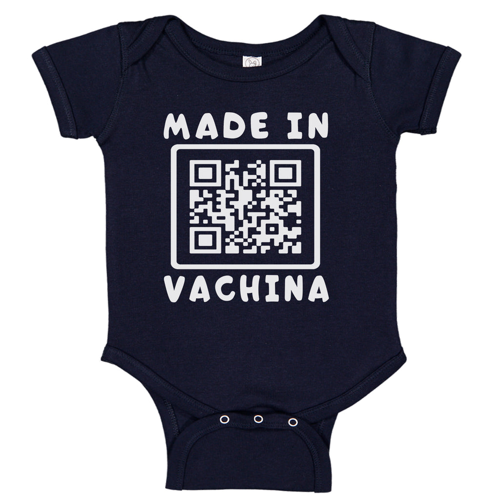 Ink Trendz MADE IN VACHINA QR Bar Code Funny Baby One-Piece Bodysuit Onesie Onesies Heather Navy
