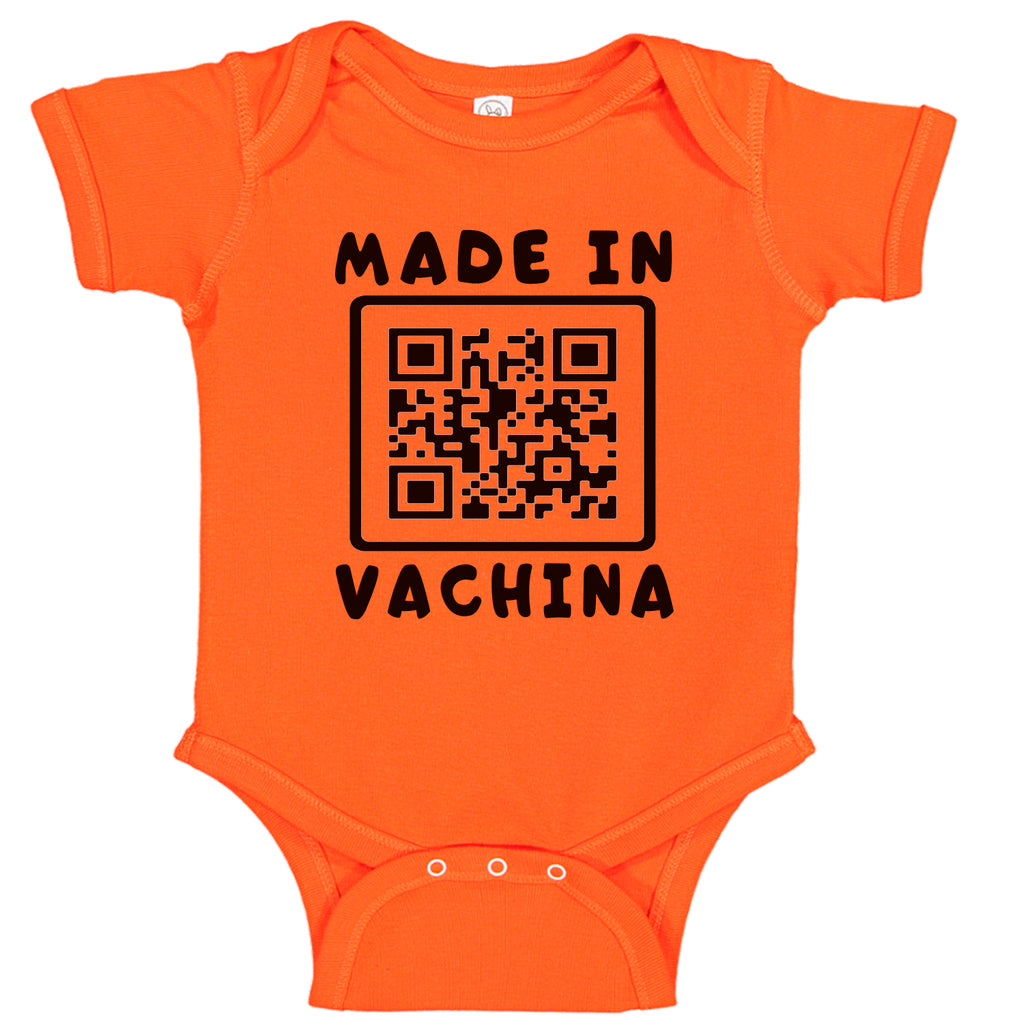 Ink Trendz MADE IN VACHINA QR Bar Code Funny Baby One-Piece Bodysuit Onesie Onesies Orange