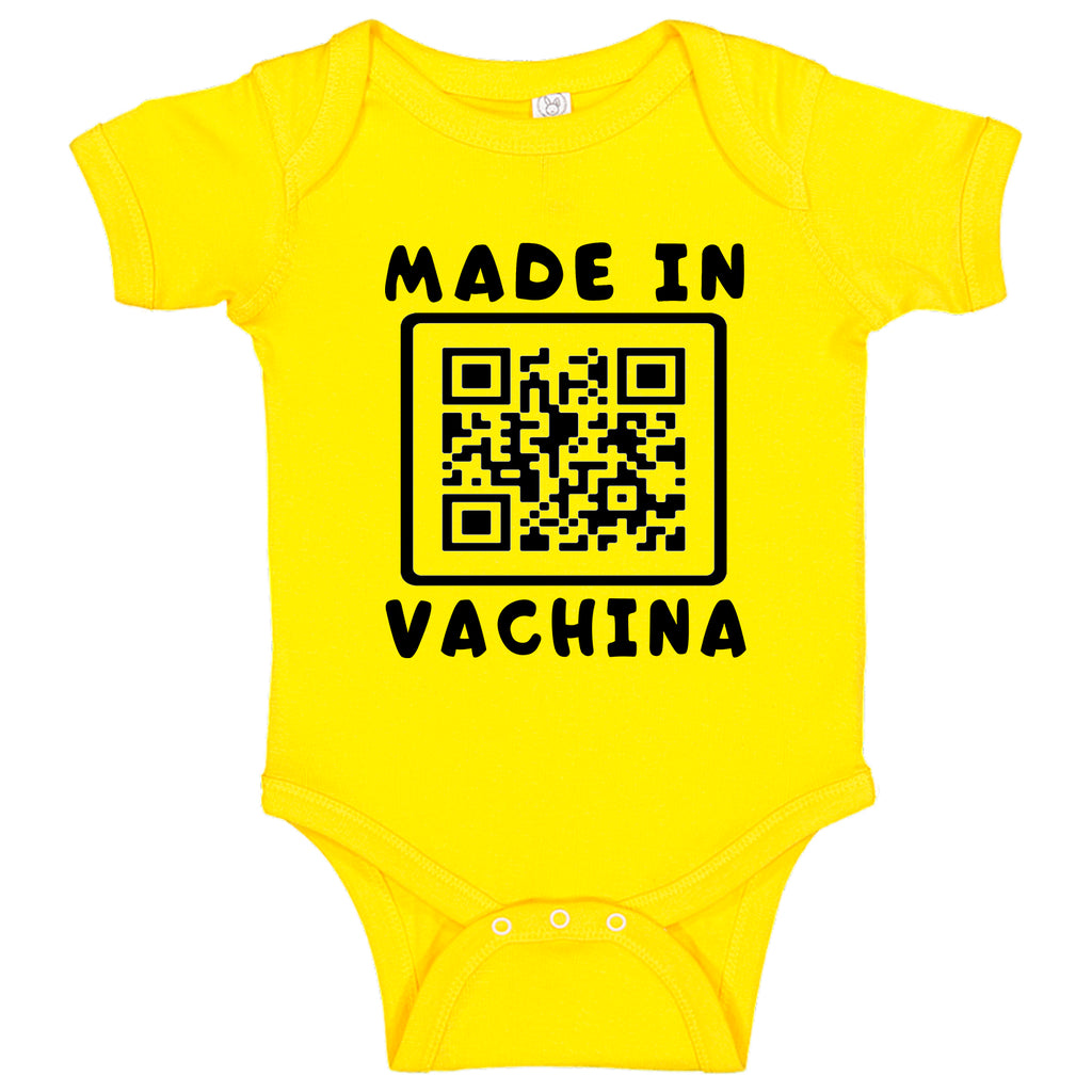 Ink Trendz MADE IN VACHINA QR Bar Code Funny Baby One-Piece Bodysuit Onesie Onesies Yellow