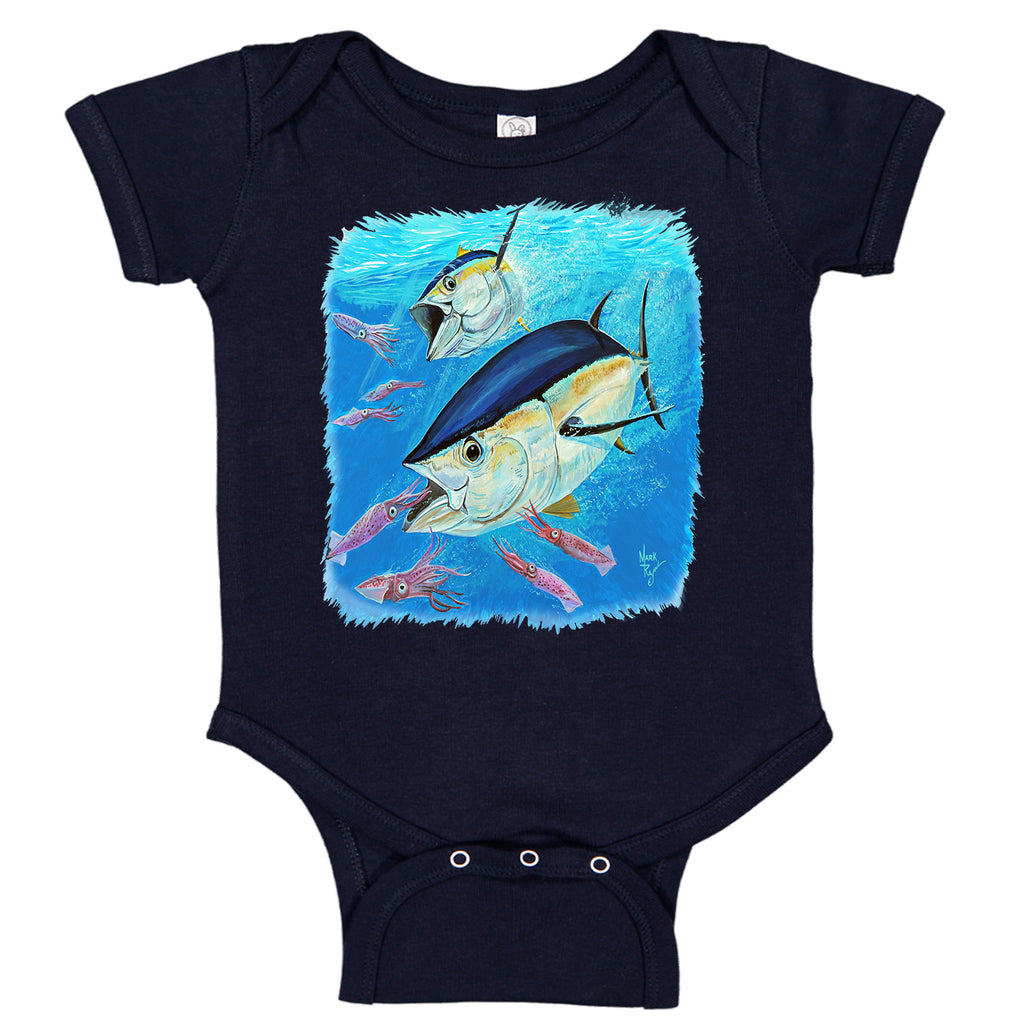 LPG Apparel Co. Mark Ray Bigeye Tuna Fishing themed Baby Bodysuit, Fishing Onesie, Fishing onesies, Tuna Onesie, Tuna Onesies, Tuna Fishing Onesie