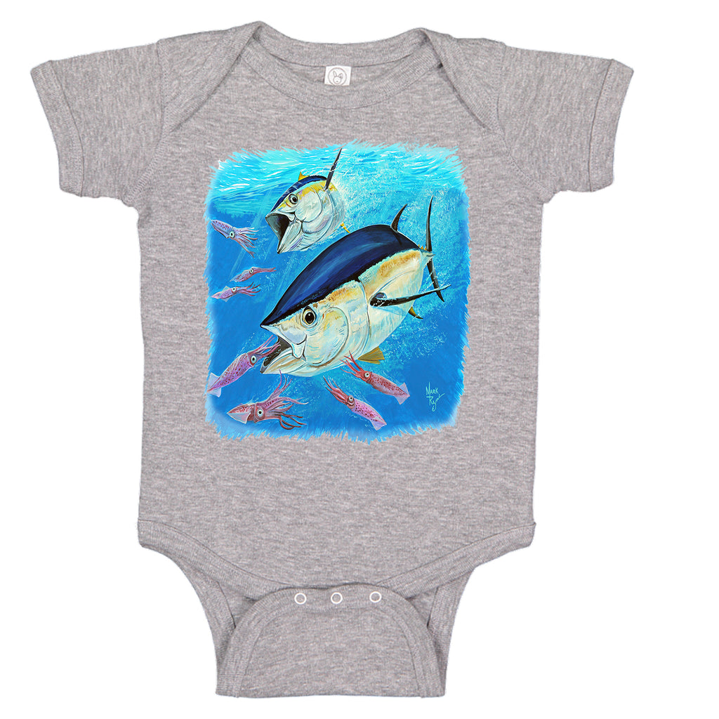 LPG Apparel Co. Mark Ray Bigeye Tuna Fishing themed Baby Bodysuit, Fishing Onesie, Fishing onesies, Tuna Onesie, Tuna Onesies, Tuna Fishing Onesie