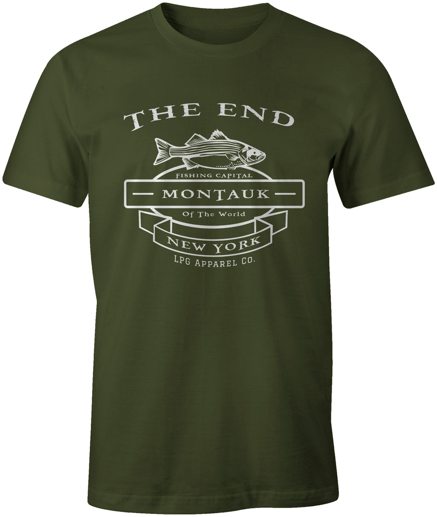 THE END MONTAUK  Fishing Capital Striped Bass Fishing Tee T-Shirt