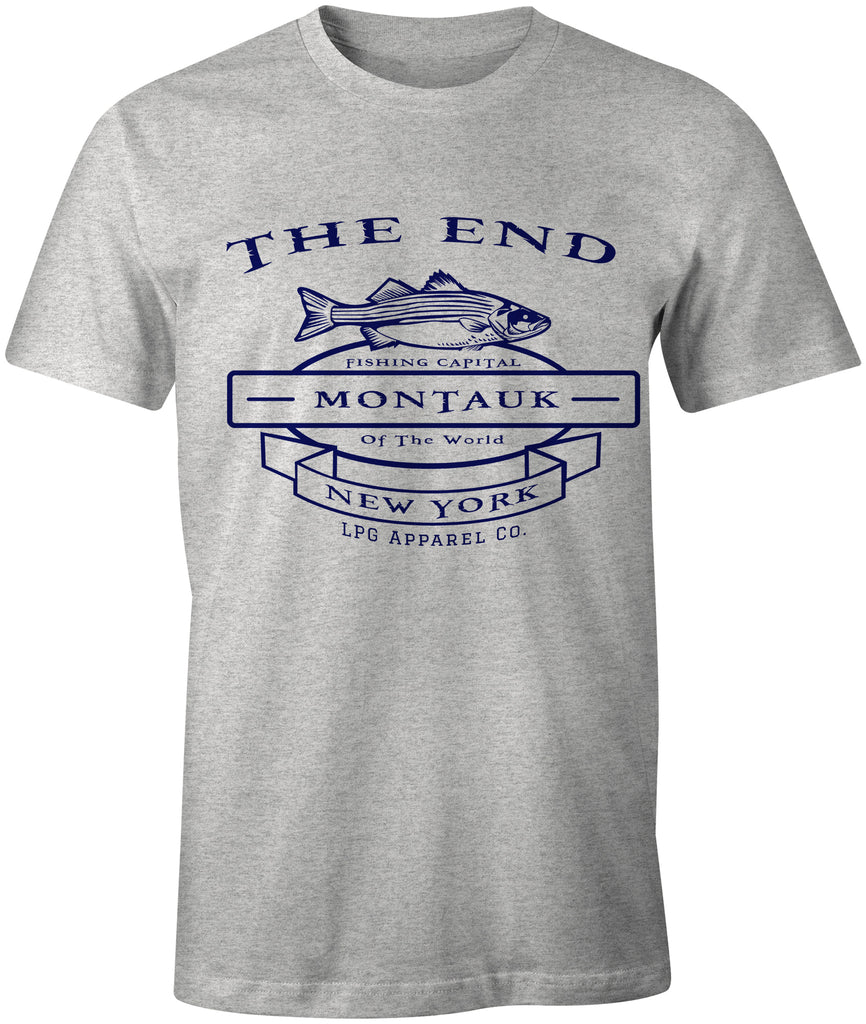 THE END MONTAUK  Fishing Capital Striped Bass Fishing Tee T-Shirt