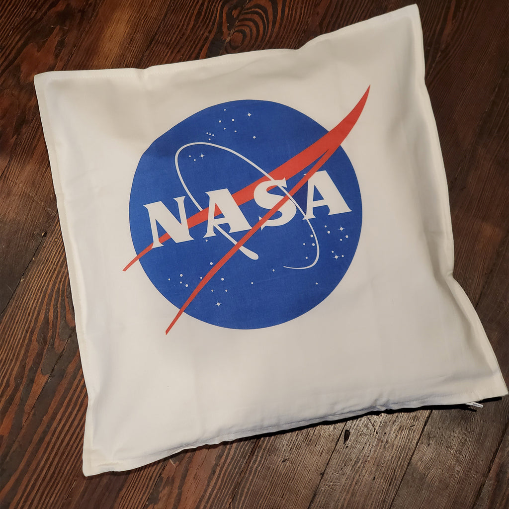 Ink Trendz® NASA Meatball Logo Signature 20" x 20" Decorative  Throw Pillow for those Space and Nasa Lovers on a wood floor background