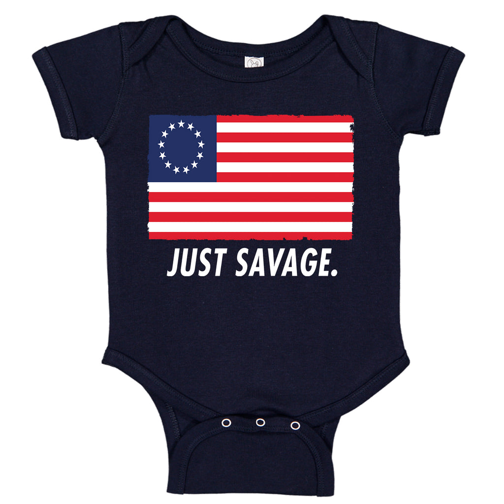 Just Savage. Betsy Ross Patriotic Premium Baby Romper Bodysuit