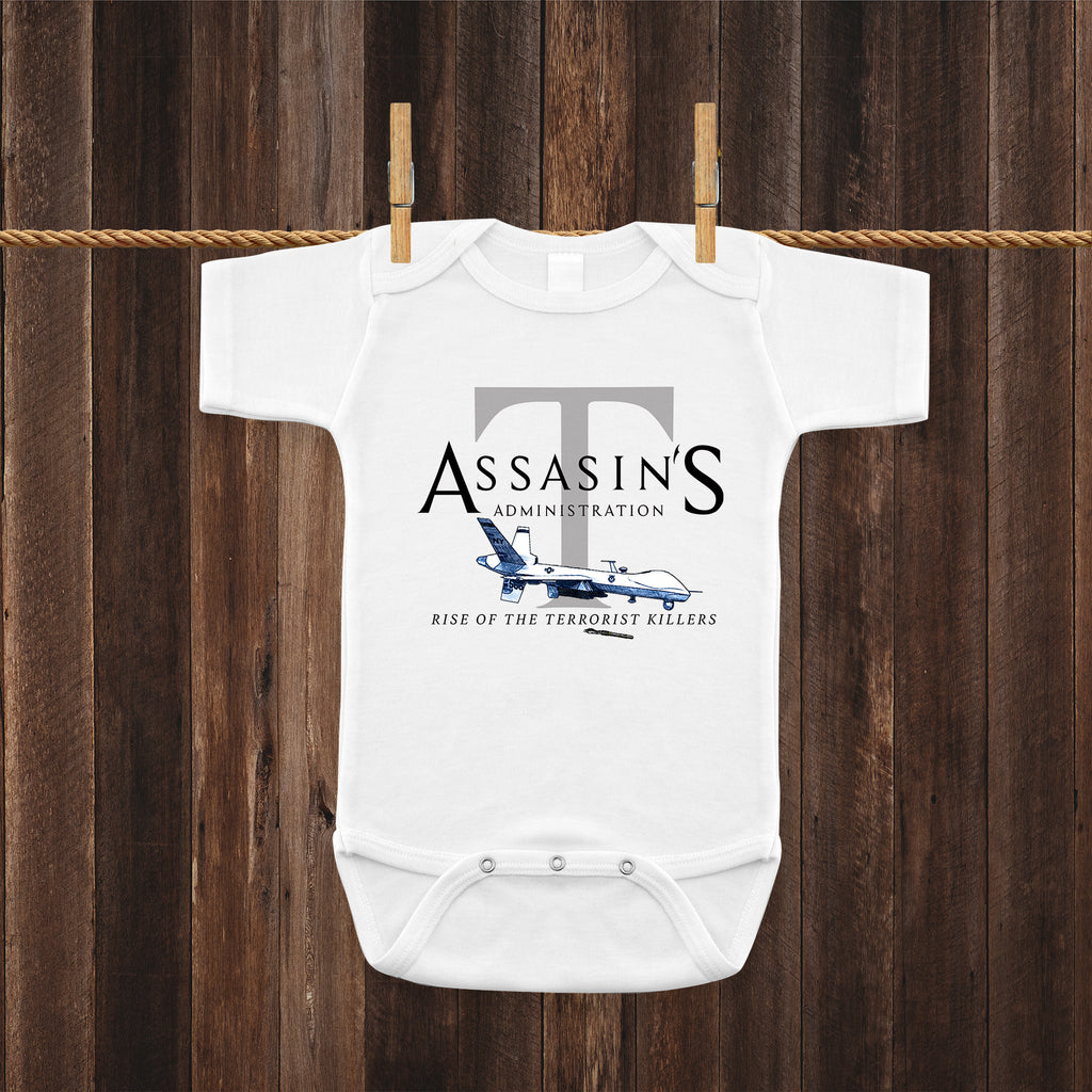 Ink Trendz® Assasin's Administration MQ-9 Reaper Drone Baby-Toddler Bodysuit Romper Baby Onesie, Trump Onesie, Drone Onesie on a wood background