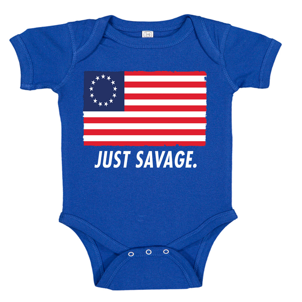Just Savage. Betsy Ross Patriotic Premium Baby Romper Bodysuit