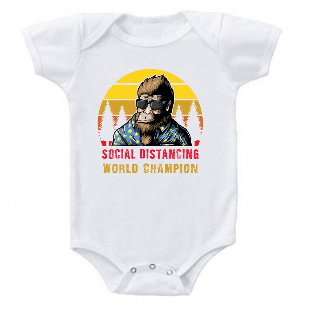 Ink Trendz® Bigfoot  Social Distancing World Champion Quarantine COVID-19  Baby-Toddler One-piece Bodysuit Onesie, Social Distance onesie, Pandemic Onesie