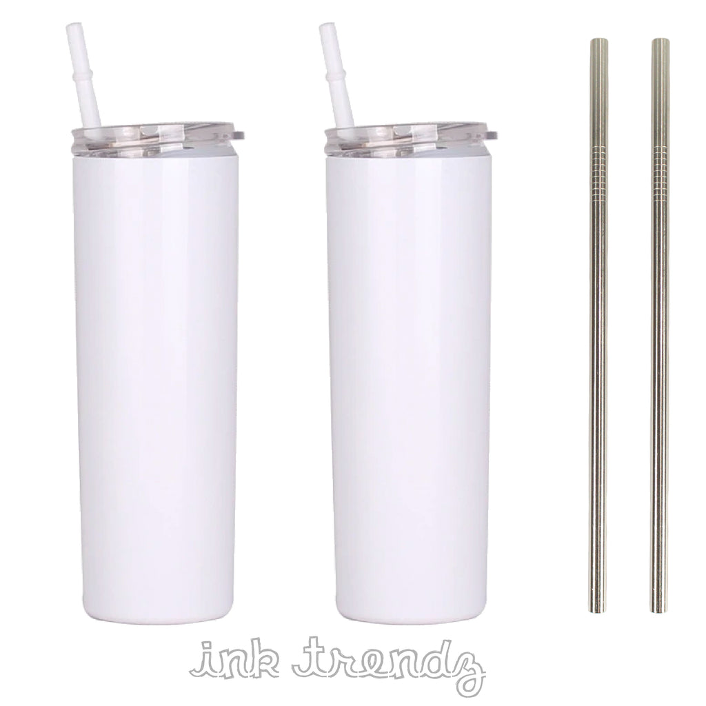 2 Pack Blank STRAIGHT 20 oz Gloss White Sublimation Tumbler (Non-Tapered) with Straw and Heat-shrink