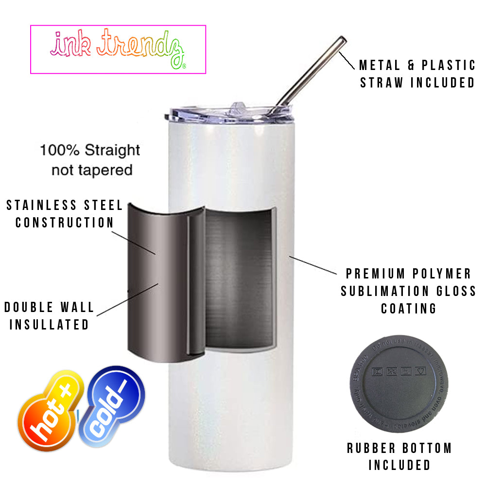 2 Pack Blank STRAIGHT 20 oz Gloss White Sublimation Tumbler (Non-Tapered) with Straw and Heat-shrink