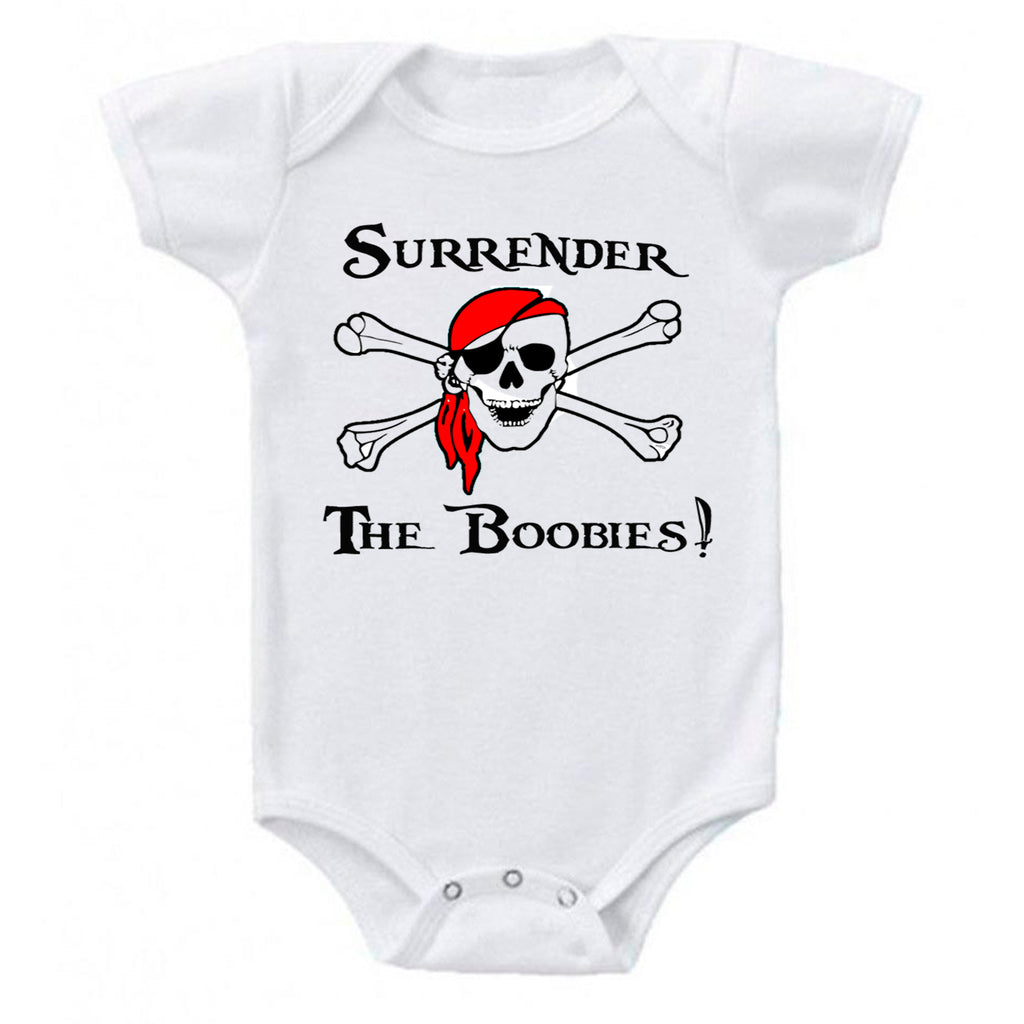 Surrender The Boobies Pirate Jolly Roger Red Bandana Baby Bodysuit
