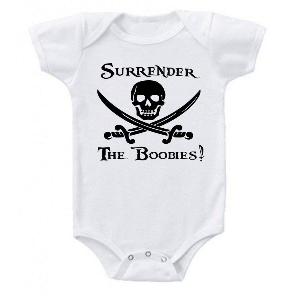 Ink Trendz Surrender The Boobies Pirate Jolly Roger Crossed Swords Baby Bodysuit, Cute Pirate Onesie, Pirate Onesie, Jolly Roger Onesie