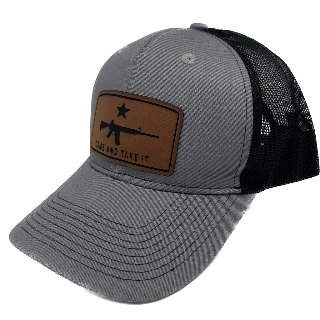 The Peoples Brigade Come and Take It AR-15 Leather Patch Trucker Snapback Hat, Military Hat, Second Amendment hat, Second Amendment gear, Freedom hat, Texas Hat, Florida Hat, AR-15 Hat, 