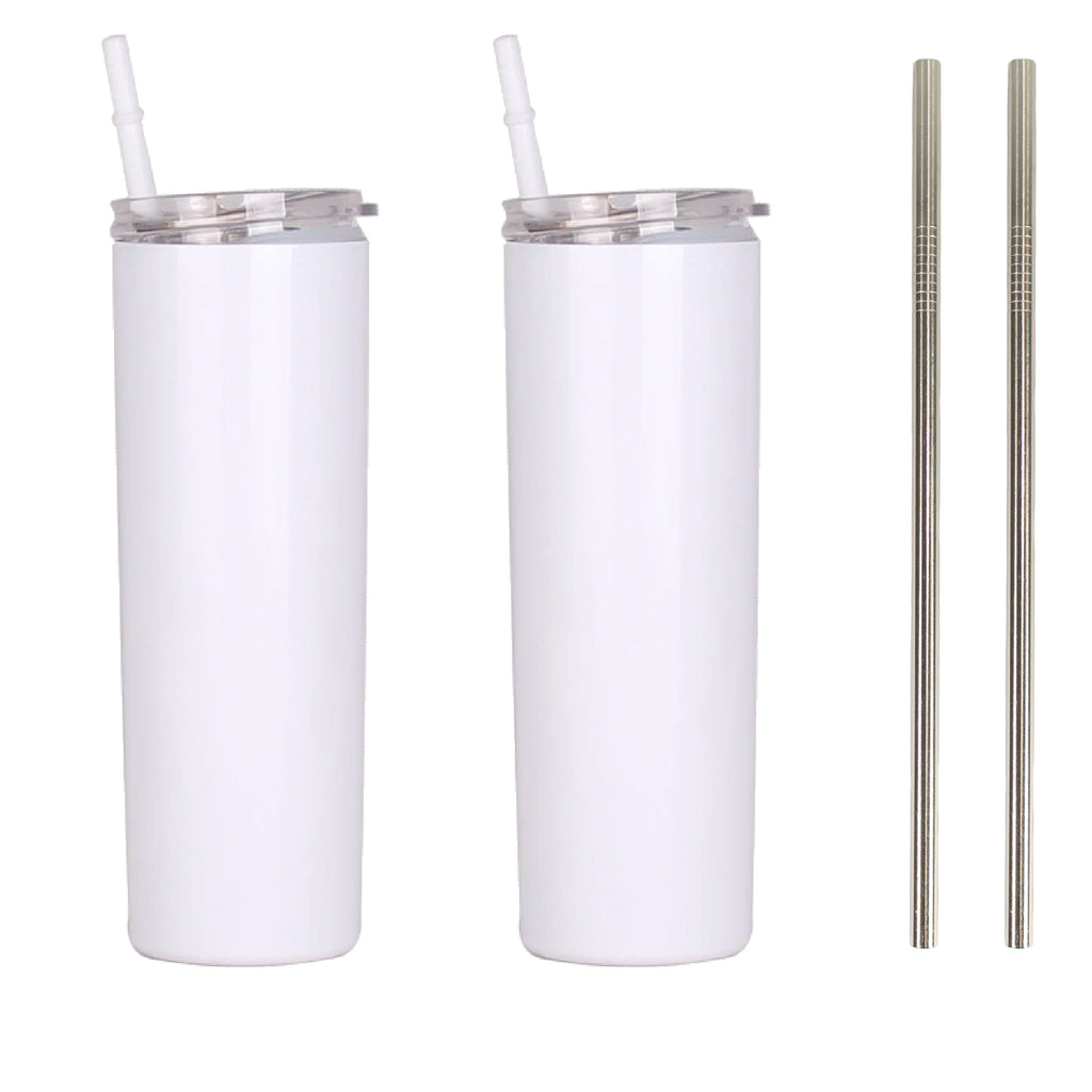 2 Pack Blank STRAIGHT 20 oz Gloss White Sublimation Tumbler (Non-Tapered) with Straw and Heat-shrink