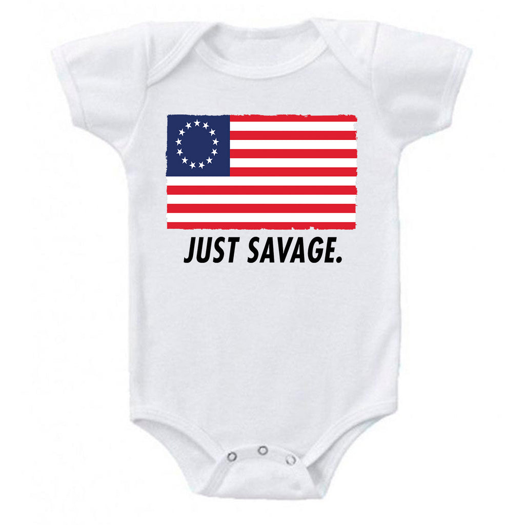 Just Savage. Betsy Ross Patriotic Premium Baby Romper Bodysuit