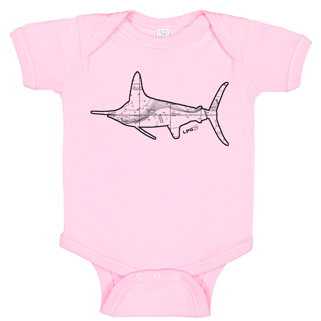 White Marlin Northeast Canyon Fishing Map Bodysuit Romper by LPG Apparel Co.