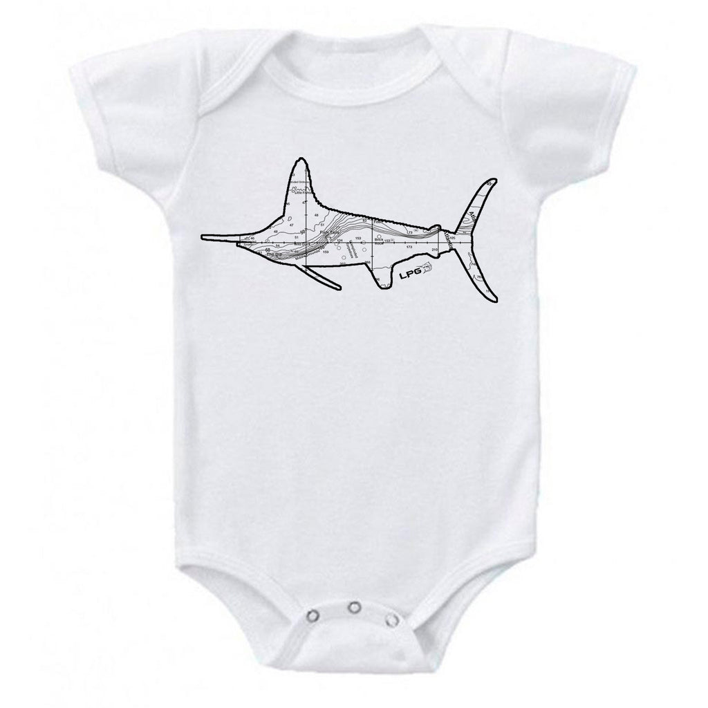 White Marlin Northeast Canyon Fishing Map Bodysuit Romper by LPG Apparel Co.