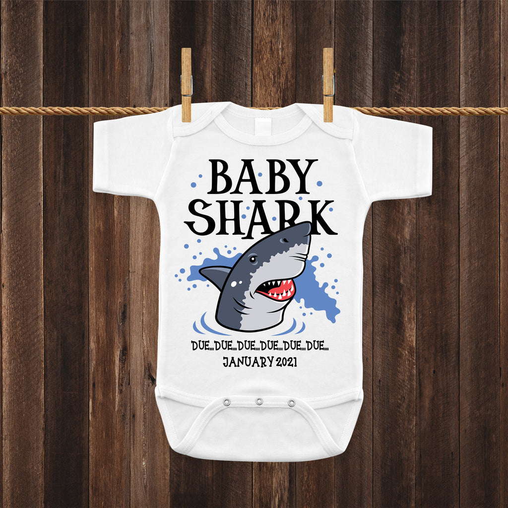 Ink Trendz® Baby Shark Due Pregnancy Reveal Announcement Baby Romper Bodysuit
