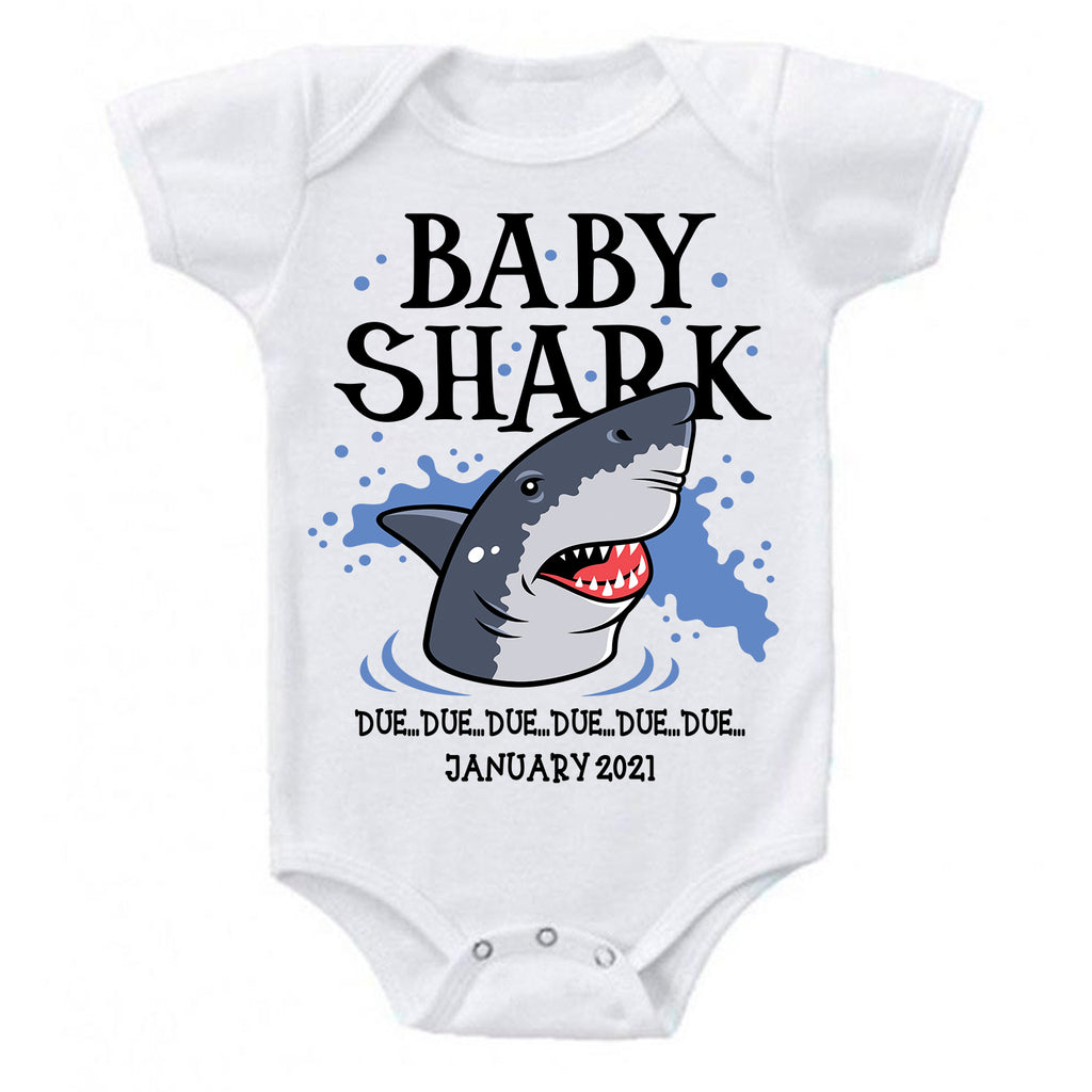 Ink Trendz® Baby Shark Due Pregnancy Reveal Announcement Baby Romper Bodysuit