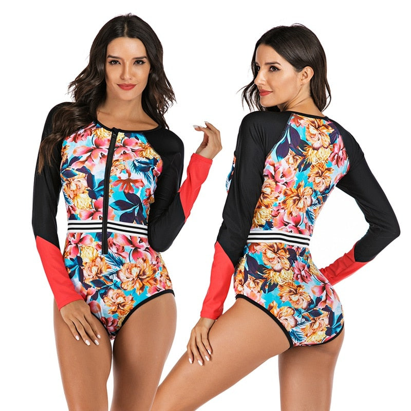 Ink Trendz® RashGuard One-Piece Long Sleeve Floral Patchwork Zipper Quick Drying Swimsuit