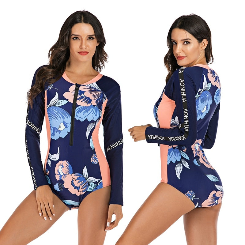 Ink Trendz® RashGuard One-Piece Long Sleeve Floral Patchwork Zipper Quick Drying Swimsuit