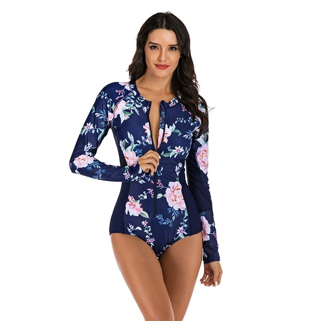 Ink Trendz® RashGuard One-Piece Long Sleeve Floral Patchwork Zipper Quick Drying Swimsuit