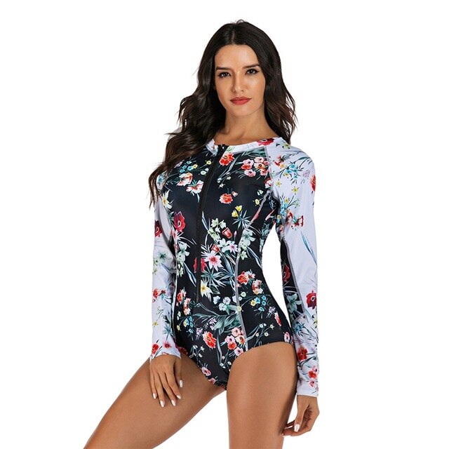Ink Trendz® RashGuard One-Piece Long Sleeve Floral Patchwork Zipper Quick Drying Swimsuit