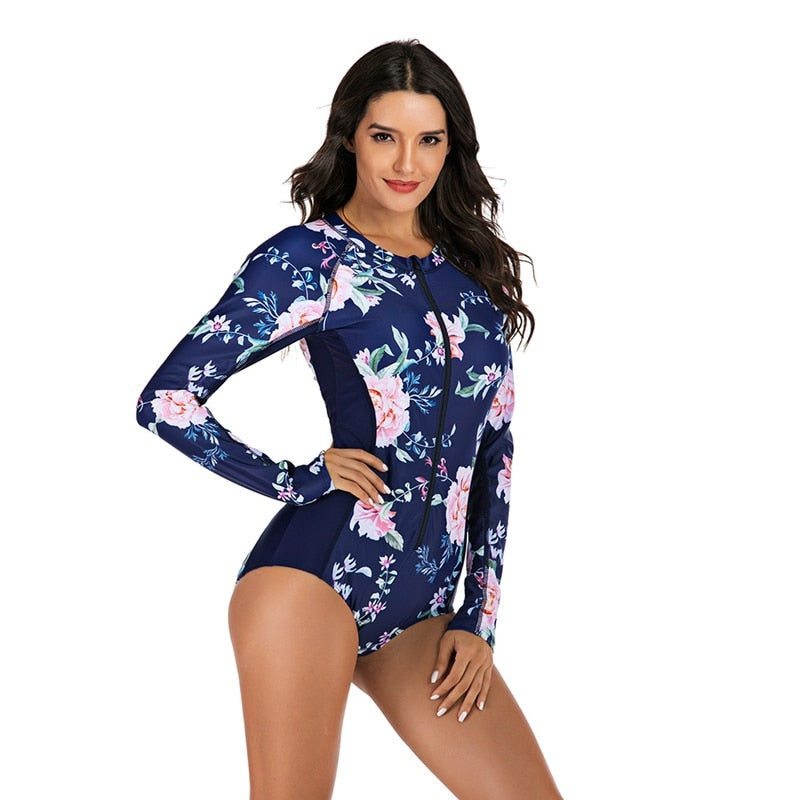 Ink Trendz® RashGuard One-Piece Long Sleeve Floral Patchwork Zipper Quick Drying Swimsuit
