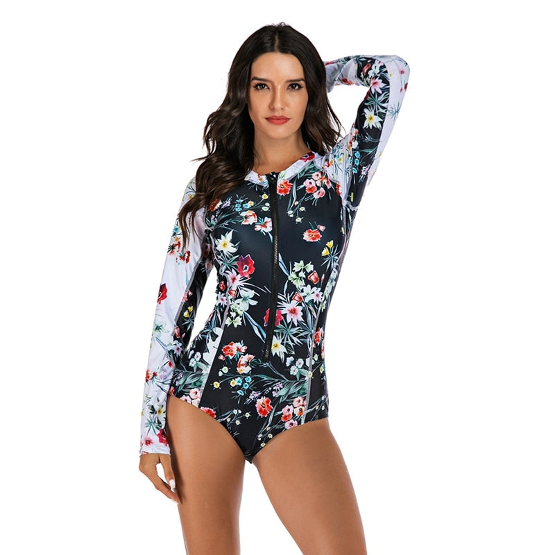 Ink Trendz® RashGuard One-Piece Long Sleeve Floral Patchwork Zipper Quick Drying Swimsuit