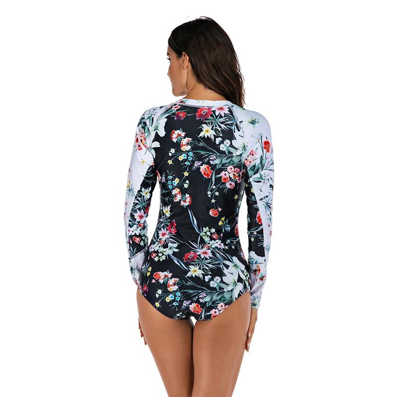 Ink Trendz® RashGuard One-Piece Long Sleeve Floral Patchwork Zipper Quick Drying Swimsuit